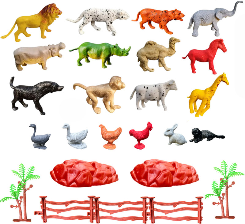 ZESTHOME Animal Figure for Kids – 25Pc Small Animal Toys with Trees Fence & Stones(Multicolor)