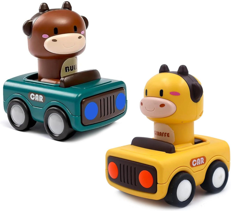 KIDOLOGY 2 Pcs Press & Go Animal Cars for Toddlers 1+ years, Mini Racing Car for Kids(Yellow, Blue)