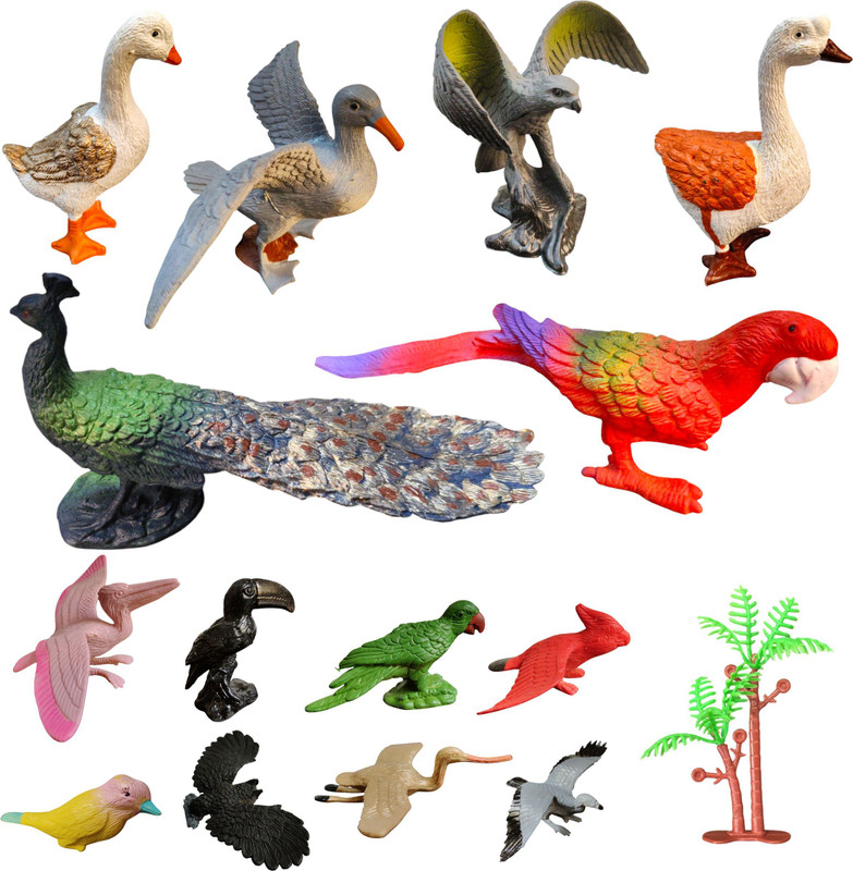 ZESTHOME 14 Birds & Tree Toy Set for Kids | PVC Rubber Animal toys with Peacock, Parrot(Multicolor)