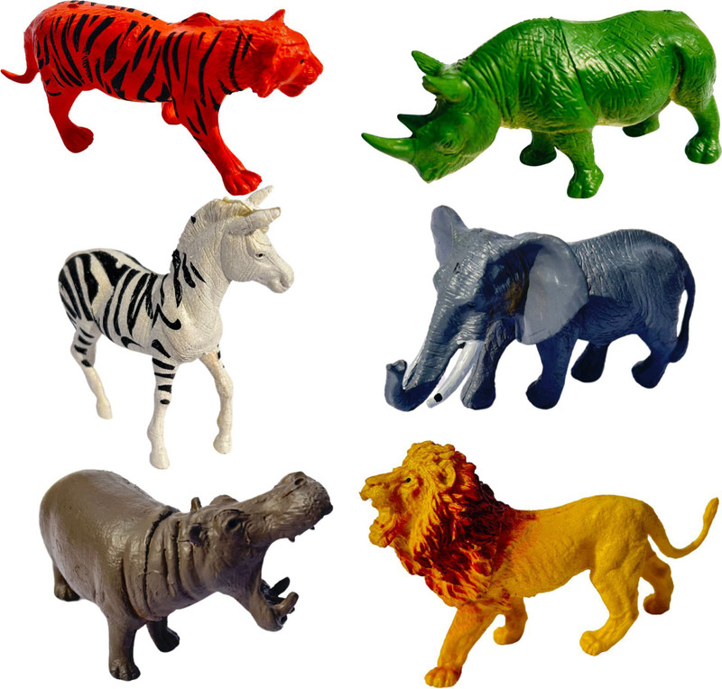 LA Toys Wild Animal Toys Rubber – Lion, Tiger, Elephant, Rhinoceros, Zebra, Hippo(Multicolor)