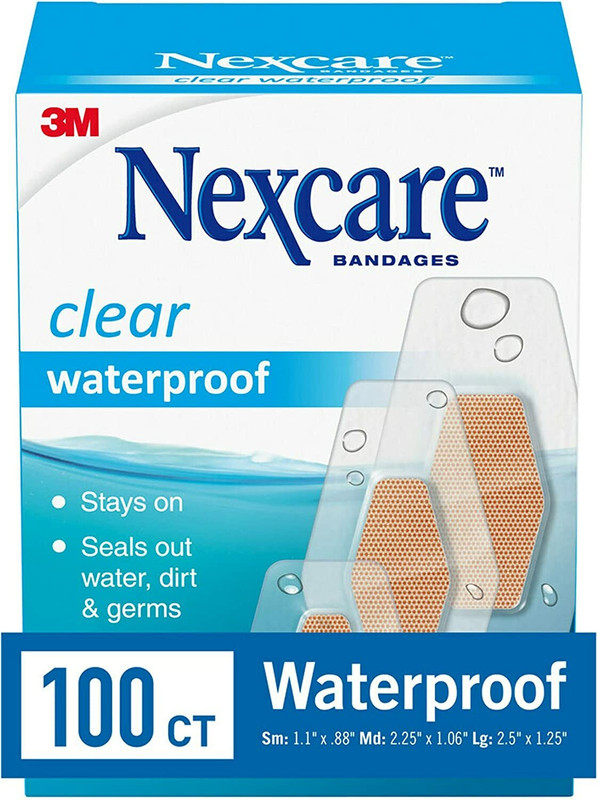 3M Nexcare Waterproof Clear Bandages, Dirtproof, Assorted Sizes, 100 Count Adhesive Band Aid(Set of 1)