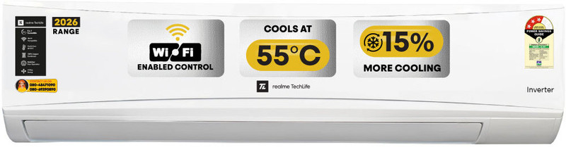 realme TechLife 2026 Model 1.6 Ton 3 Star Split Inverter with Wi-fi 5-in-1 Convertible Smart AC with Extra Cooling vs 1.5 Ton AC(163IAA26WRMS, White)