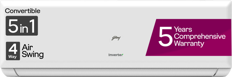 Godrej 5-In-1 Convertible 2024 Model 1.5 Ton 4 Star Split Inverter 4 Way Air Swing And Heavy Duty Cooling at Extreme Temperature AC - White(EI 18PINV4R32 WYP, Copper Condenser)