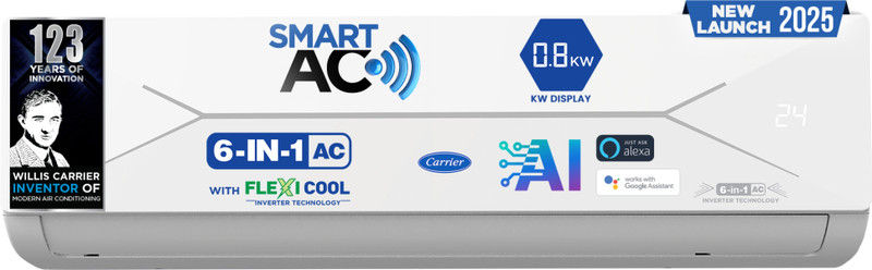 CARRIER 2025 Model 1 Ton 3 Star Split Inverter with Wi-fi Smart Flexicool 6 in 1 ConvertibleSmart Energy Display, Dual Filtration with HD & PM 2.5 Filter AC(CAI12EE3R35W0, White)