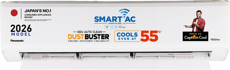 Panasonic 2026 Model 1.5 Ton 5 Star Split Inverter with Wi-fi Smart, DustBuster Tech, Matter Enabled, AI, Higher Airflow, 4-Way Swing, Cools at 55 Deg. C, Copper Condenser, 8in1 Convertible, PM0.1 Filter AC(CS-NU18BKY5WX/CU-NU18BKY5WX, White)