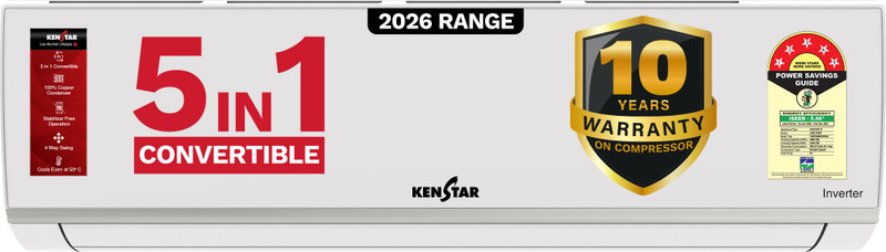 Kenstar 2026 Model 1.5 Ton 5 Star Split Inverter 5-in-1 Convertible with Rapid Cool Technology AC(155IPG26WKS, White)