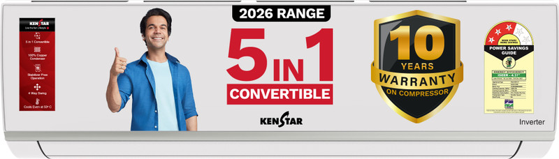 Kenstar 2026 Model 1.5 Ton 3 Star Split Inverter 5-in-1 Convertible with Rapid Cool Technology AC(153IPG26WKS, White)