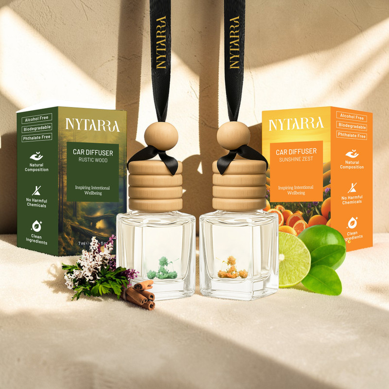 NYTARRA Sunshine Zest, Rustic Woods Car Freshener Diffuser Set Premium Car Air Freshener Combo Rustic Woods & Sunshine Zest(2 x 1 Units)