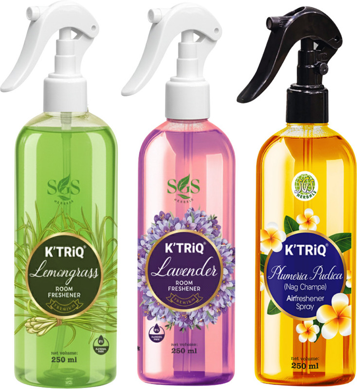 K'TRiQ Lavender, Lemon grass, Nag Champa Car Freshener Spray Air Freshner | Room Freshner | Great for closets and coolers | Car air freshner(3 x 250 ml)