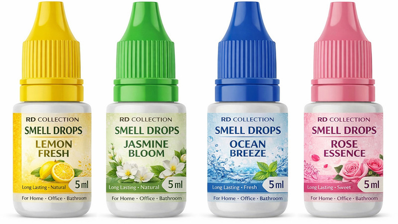 RD Collection Lemon Fresh, Jasmine Bloom, Ocean Breeze, Rose Essence Aroma Oil, Refill Air Drops Room Freshener Fragrance Oil for Home, Bathroom, Kitchen, Office & Car(4 x 5 ml)