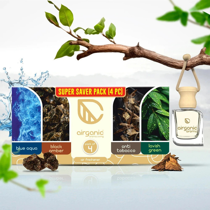 Airganic Aroma Swing Pack of 4 Combo: Blue Aqua, Black Amber, Anti Tobacco & Lavish Green Car Freshener Diffuser | Aroma Essential Oils in Glass Bottle with Wooden Diffuser Lid | Car Accessories 2025(4 x 10 ml)