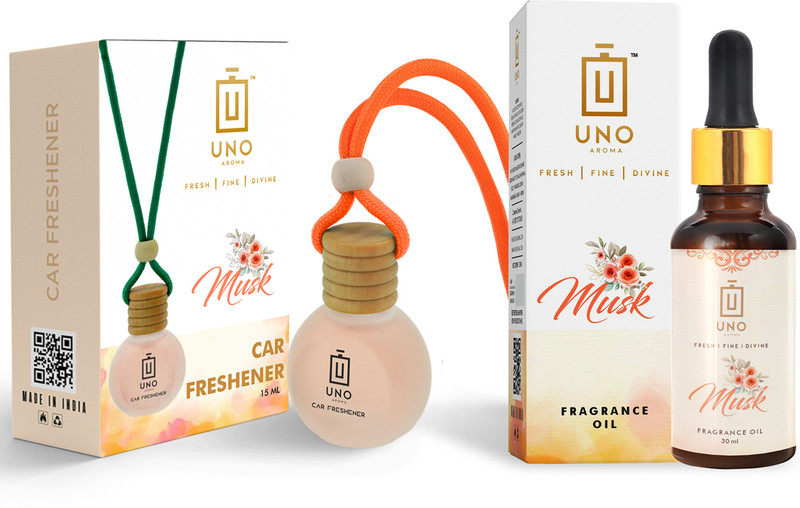 UNO AROMA Musk Car Freshener Diffuser Set Active fresh Car Freshener Hanging Glass Bottle (15ml) with 30ml Refill(45 ml)