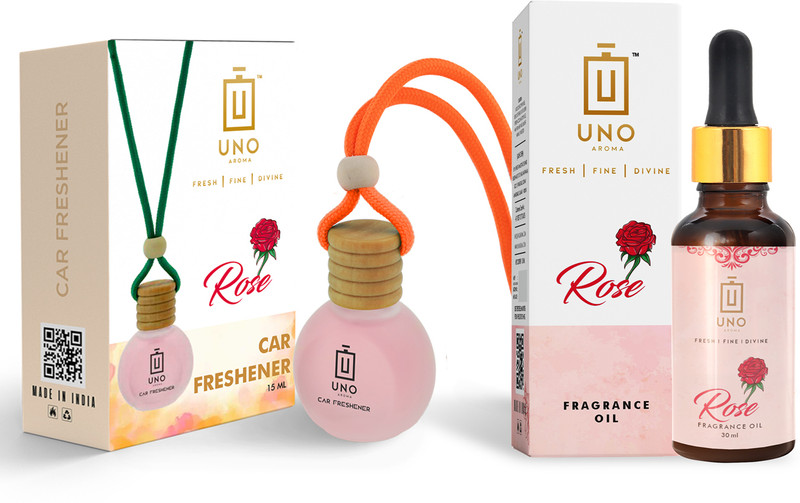 UNO AROMA Rose Car Freshener Diffuser Set Active fresh Car Freshener Hanging Glass Bottle (15ml) with 30ml Refill(45 ml)
