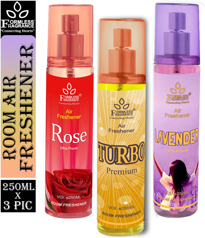Formless rose, lavender, turbo Car Freshener Spray Form Air Fresheners Rose 250ml , Turbo 250ml and Lavender 250ml (1+1+1)(3 x 83.33 ml)