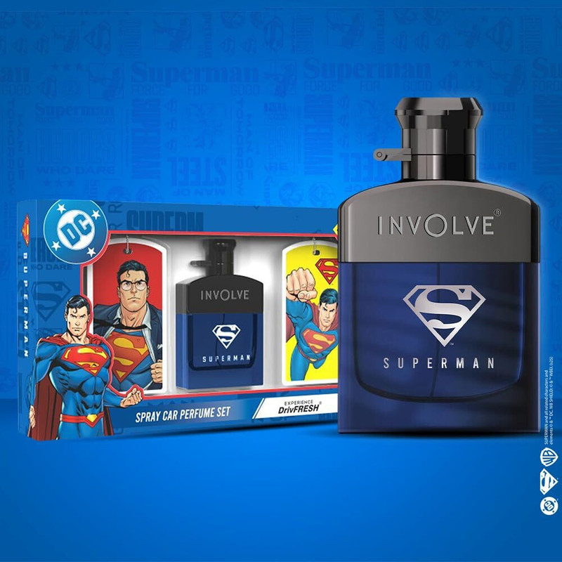 Involve Your senses Superman Car Perfume Spray With 3 Hanging Cards | Car Freshener Spray |DC OFFICIAL MERCHANDISE| Freshen Up Your Car with Strong Aquatic Notes |Car Accessories(50 ml)