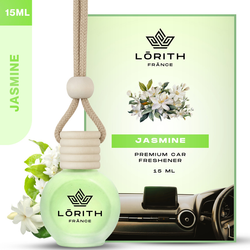 Lorith France Jasmine Car Freshener Diffuser Set Car Perfume Combo Best Pack of 1 Premium Hanging Car Air Freshener (Jasmine) (15ML) Long Lasting Natural Essential Oil Glass Bottle Car Accessories(15 ml)