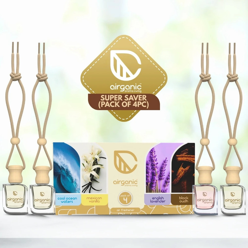 Airganic Aroma Swing pack 4 combo: Cool Ocean , Mexican Vanilla, Lavender & Black Oudh Car Freshener Diffuser Aroma with Essential Oils in Glass Bottle with Wooden Diffuser Lid| Car Hanging Accessories| Car Accessories Interior (4 x 10 ml)(4 x 10 ml)