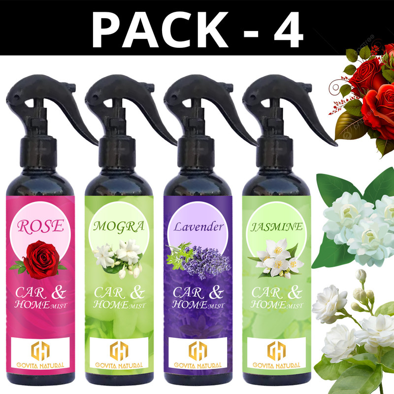 Govita Naturals Rose, Mogra, Lavender, Jasmine Car Freshener Spray Natural fresh Leak Proof Rose+Mogra+Lavender+Jasmine Air Freshener Nice Combo(400 ml)