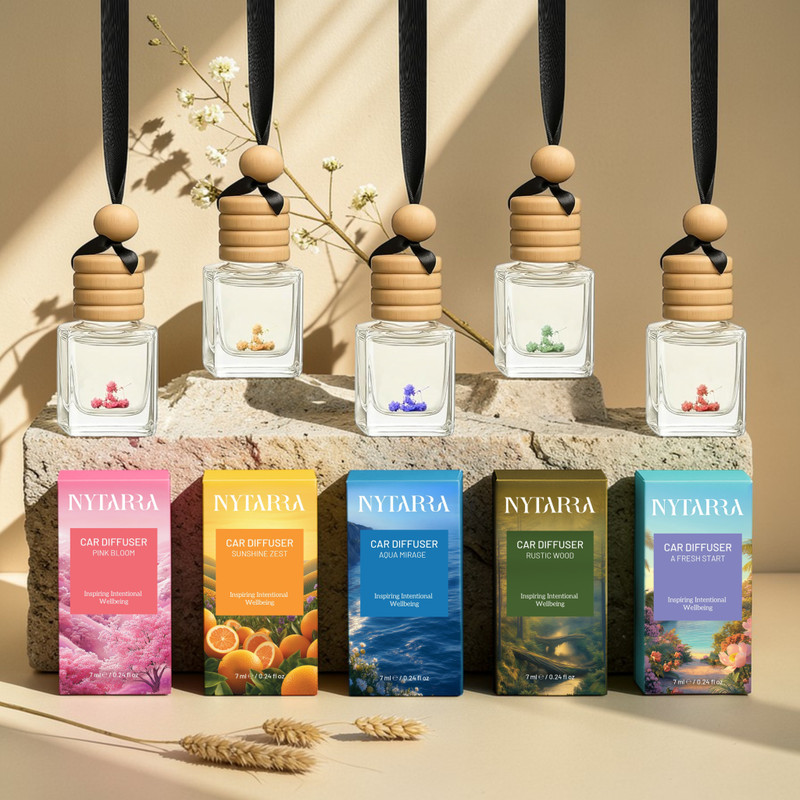 NYTARRA A Fresh Start, Aqua Mirage, Pink Bloom, Rustic Woods, Sunshine Zest Car Freshener Diffuser Set Luxury Car Air Fresheners Pack of 5(5 x 1 Units)