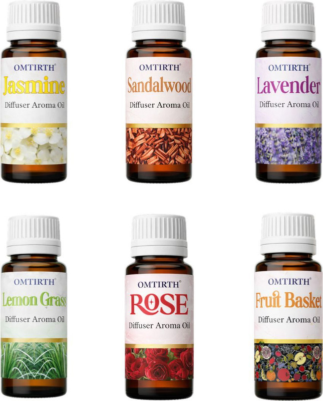 Omtirth Rose, Lavender, LemonGrass, Fruit Basket, Jasmine, Sandalwood Aroma Oil, Diffuser, Diffuser Set, Refill, Potpourri | Pack of 6 Premium aroma oil |(6 x 10 ml)