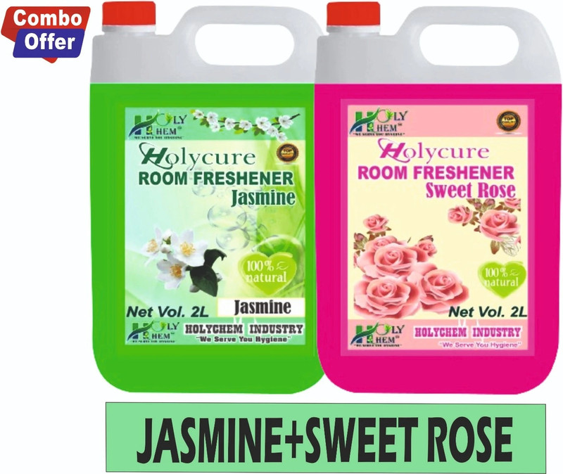 Holycure JASMINE, SWEET ROSE Car Freshener Refill Air Freshener Refill 2ltr Combo Ready to Use Long Lasting & Instant Deodorizer Pleasant Natural Fragrance for Home Office Safe on Curtains Carpet Sofa(2 x 2000 ml)