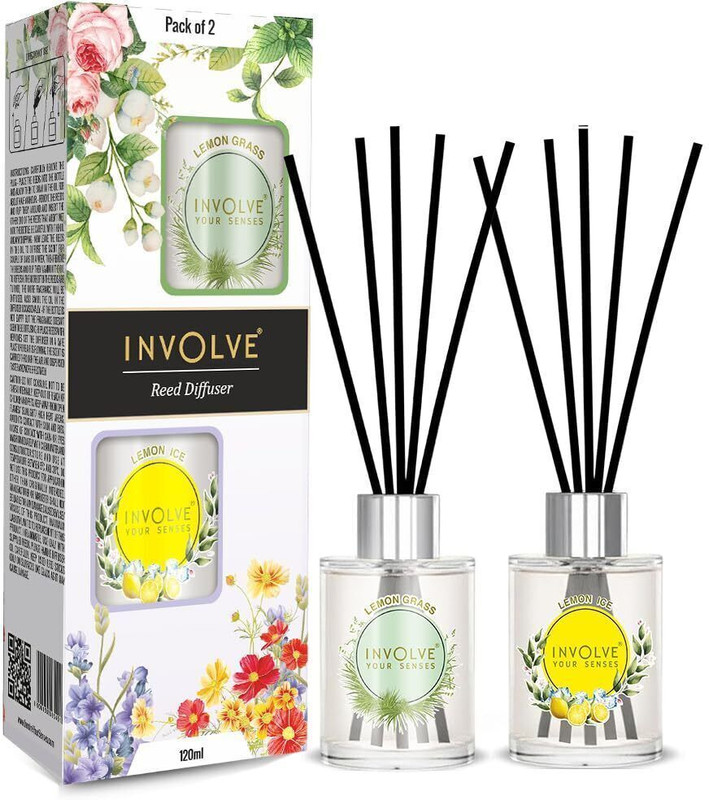 Involve Pura Reed Diffuser Set- Lemongrass & Lemon Ice - 120 ml | Oil Diffuser Set with 10 Reed Sticks|Room Freshener for Home, Bedroom, Living & Office |Gifts Set(2 x 60 ml)