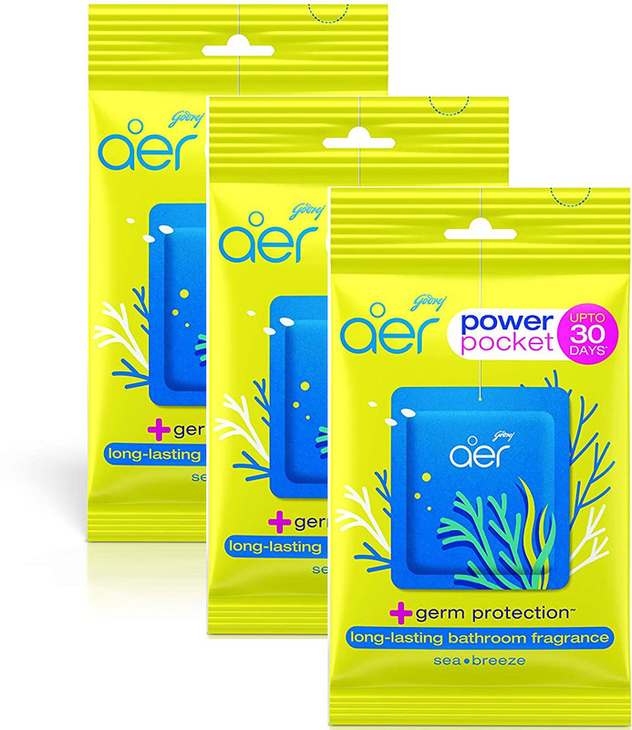 Godrej SEA BREEZE AER POWER POCKET, AIR FRESHNER, PACK OF 3, BATHROOM TOILET, LAST UPTO 30 DAYS Car Freshener Blocks SEA BREEZE(3 x 10 g)