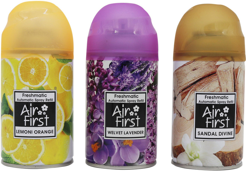 Air first LEMONI ORANGE, WELVET LAVENDER, SANDAL DIVINE Car Freshener Spray AF-L0+WL+SD-1(3 x 250 ml)