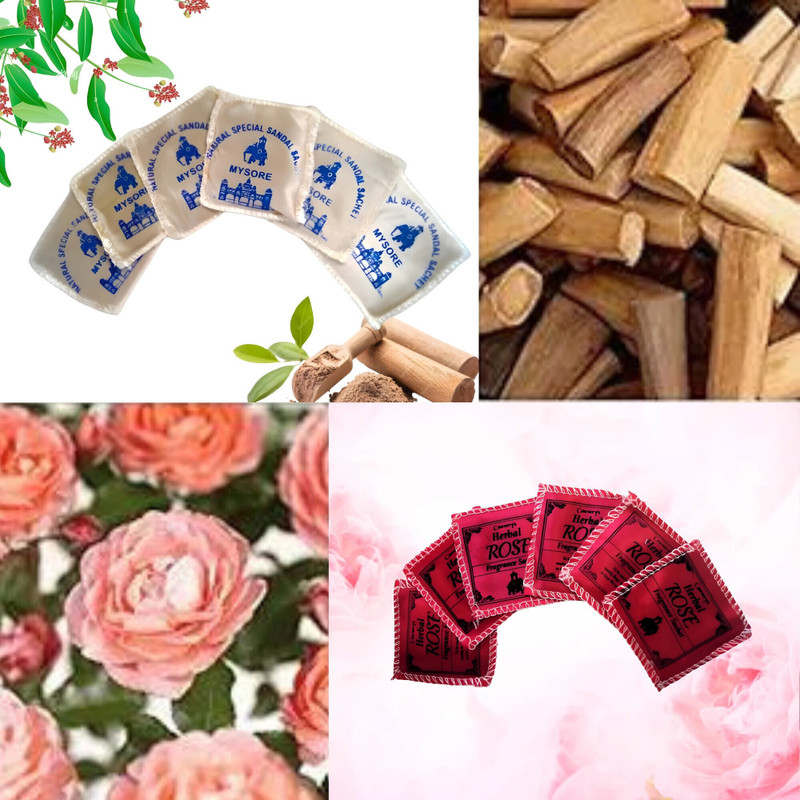 Herbal Treasures Mysore Sandalwood and Rose Fragrance Sachet - 12 nos Potpourri, Diffuser Mysore Sandalwood and Rose Fragrance Sachet - 12 nos | Sachets for Your Wardrobe, Cupboard, Closet, Drawers, Purses, Handbags, Clothes, Saree, Dress, Laundry & Puja Temple|Eco-Friendly Cloth Pouch(12 x 16.67 g)