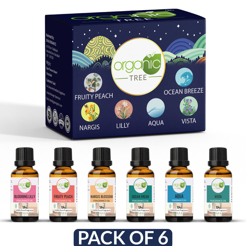 ORGANIC TREE Nargis, Aqua, Fruity Peach, Ocean Breeze, Vista, Lilly Aroma Oil, Automatic Spray, Diffuser Set Aroma Diffuser Oil(6 x 15 ml)