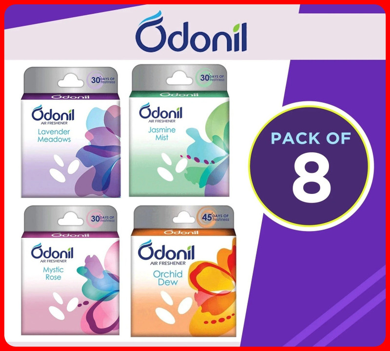 Odonil LEVENDER, JESMINE, MYSTIC ROSE , ORCHID DEW Blocks Car Freshener Blocks Air Freshener for Room Bathroom Toilet Long Lasting(8 x 50 g)