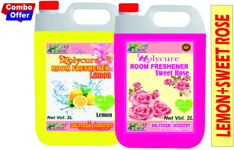 Holycure LEMON, SWEET ROSE Car Freshener Refill Air Room Freshener Refill 2ltr Combo Ready to Use Long Lasting & Instant Deodorizer Pleasant Natural Fragrance for Home Office Safe on Curtains Carpet Sofa(2 x 2000 ml)
