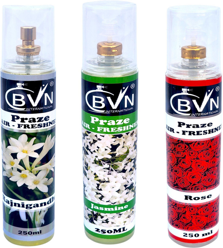 BVN International Rajanigandha, Jasmine, Rose Car Freshener Spray Set of 3 Rajanigandha, Jasmine and Rose room Freshener Spray 250ml – Long-lasting Fragrance, Eco-friendly, Room Freshener(3 x 250 ml)