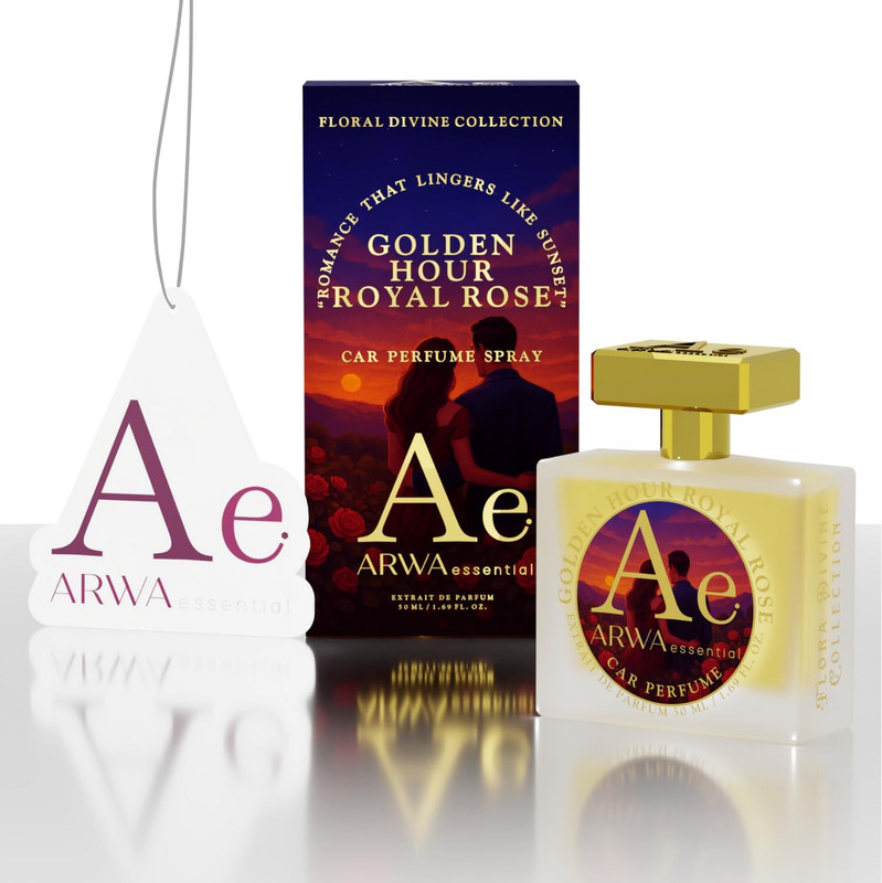 ARWA Golden Hour Royal Rose Car Perfume Spray, 50ml, Premium Romantic Car Freshener Diffuser Set Floral Fragrance, Long Lasting 600+ Sprays, with Hanging Card(50 ml)
