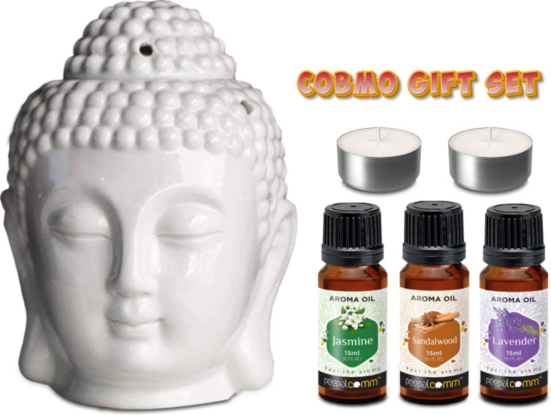 PeepalComm A1 Home Scented Gift Set White Buddha Diffuser With 4 Candles & 3 15ml Aroma Oil, Diffuser Set(45 ml)