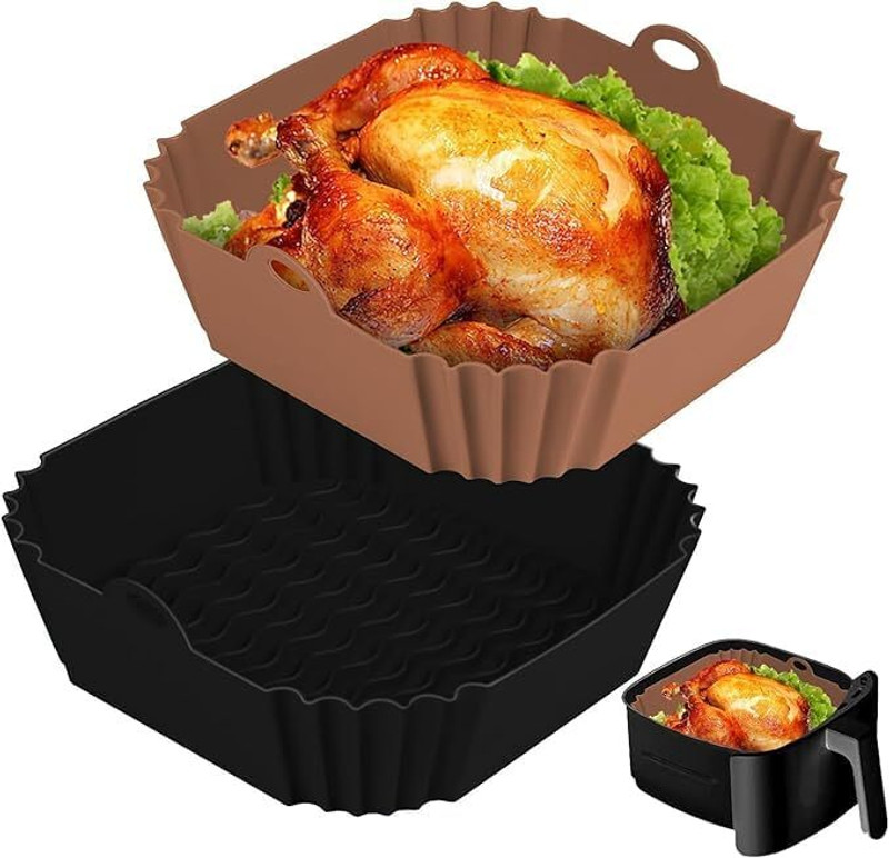 jaswanthstor Square Air Fryer Silicone Liners, 8 Inch Food Grade Reusable Heat Resistant Tray(Pack of 2, Microwave Safe)