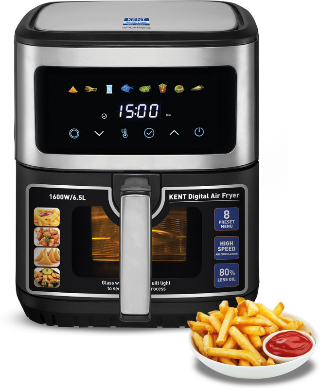 KENT Ultra Digital Air Fryer 4.5L Bake, Grill & Roast Up to 80% Less Oil Usage 8 Preset MenuRapid Heat Circulation Digital Display & Touch Control Panel Glass Window with in built Light Air Fryer(4.5 L)