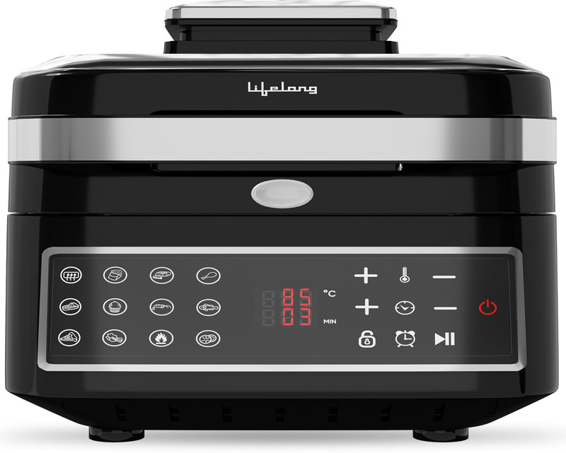 Lifelong LLHFG922 1400W with Hot Air Circulation Technology with Timer Selection & Adjustable Temperature Control | True Digital |12 Preset Menu |Uses upto 90% Less Oil |Barbeque, Fry, Grill, Roast, Reheat & Bake (Black) Air Fryer(7 L)