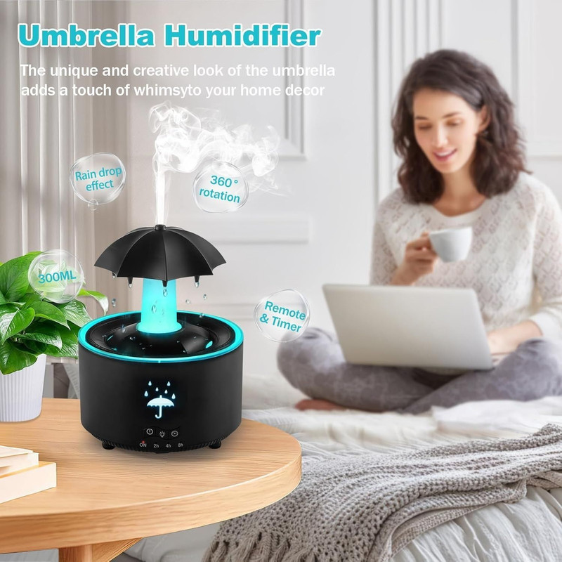Sinolink Umbrella Raindrop Aroma Humidifier with 360° Mist, LED Light Portable Room Air Purifier(Black)