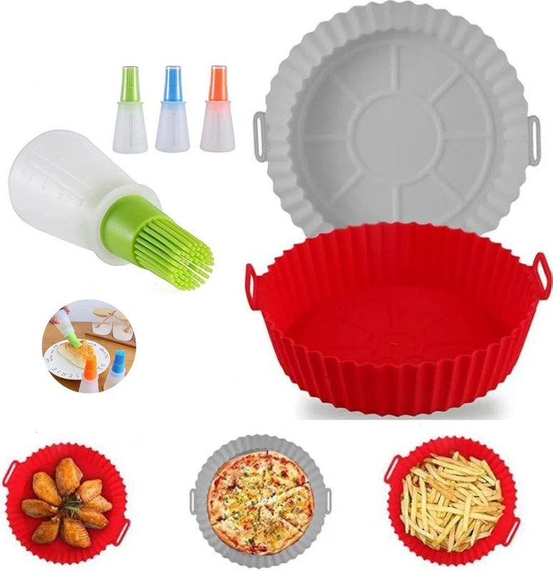 SCIVER 1 Pc Silicone air fryer tray with 1 Pc Silicone bottle brush & Spatula brush set Airfryer Grill Pan