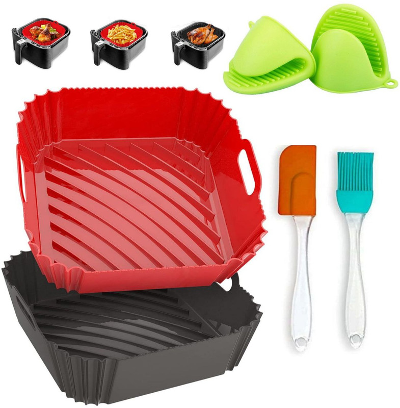 ZORIADA Multi-Color Silicone Air Fryer Liner Set with Spatula-Brush and Oven Mitts Airfryer Tray