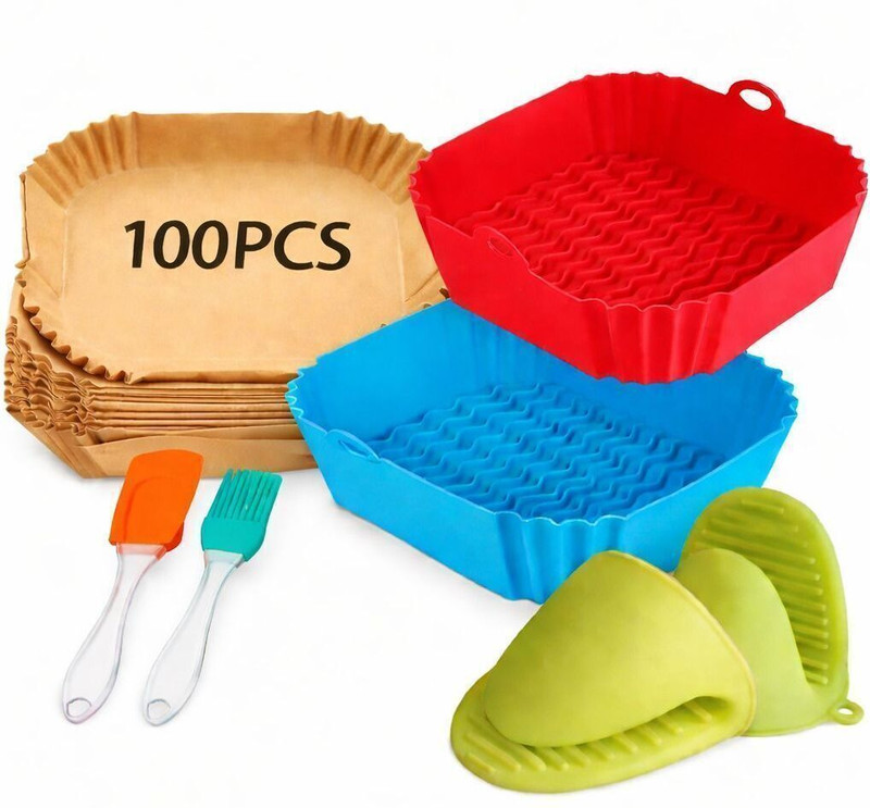 KESOL Air Fryer Kit 2 Silicone Trays, 100 Square Paper Liners oil brush and Mitts Airfryer Tray
