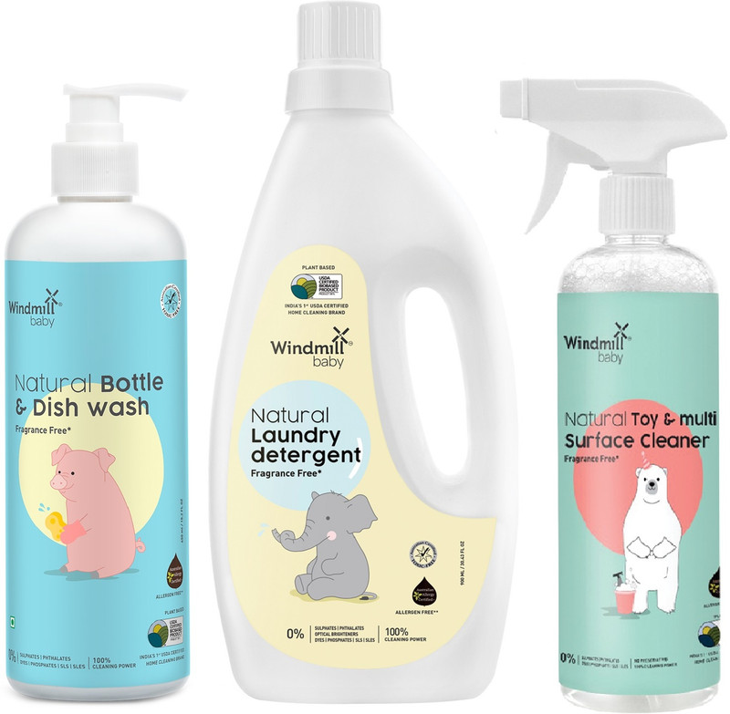 Windmill baby Fragrance Free Bottle Wash 450ml + Laundry Detergent 900ml + Toy Cleaner 450ml(450 ml, 450 ml, 900 ml)