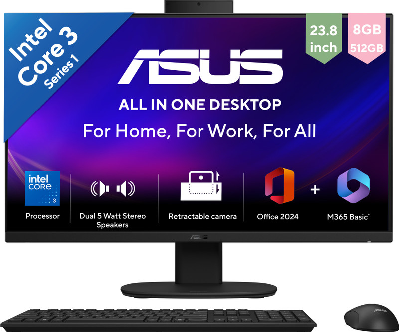 ASUS AiO V400 Series,V440VAB-KBC3002WS,MSO 2024 + M365 Basic*, Core i3 (9th Gen) (8 GB DDR5/Windows 11 Home/23.8 Inch Screen/V440VAB-KBC3002WS)(Black)