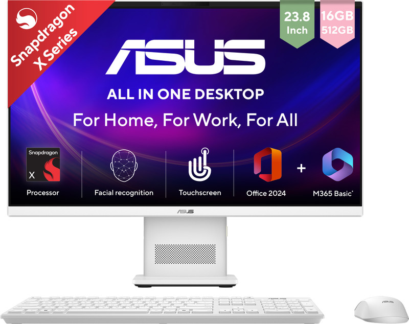 ASUS AiO V400 Series,VM441QA-TWAP001WS,Touch screen, MSO 2024 + M365 Basic*, Snapdragon X (16 GB LPDDR5/Windows 11 Home/23.8 Inch Screen/VM441QA-TWAP001WS)(White)