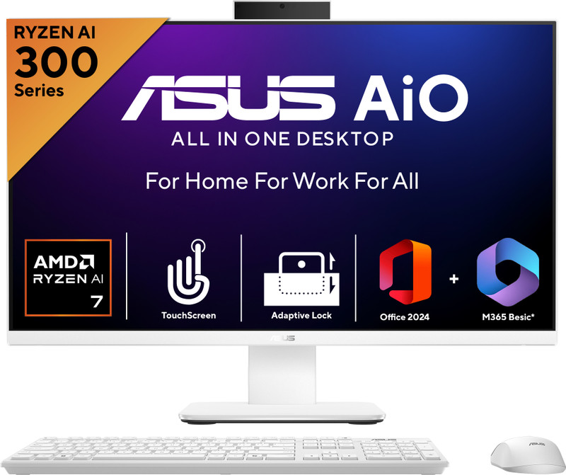 ASUS AiO VM670 with Touch Screen MSO 2024 + M365 Basic*, NPU 50 TOPS Ryzen 7 (16 GB DDR5/1 TB SSD/Windows 11 Home/27 Inch Screen/VM670KA-WPF004WS) with MS Office(White, 44.7 cm x 61.3 cm x 1.7 cm, 9 kg)