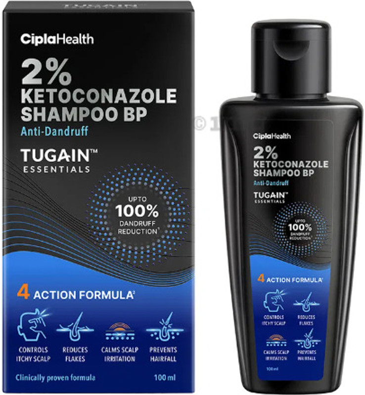 Cipla Tugain Essentials 2% Ketoconazole Anti-Dandruff Shampoo For Itchy & Flaky Scalp Liquid(100 ml)