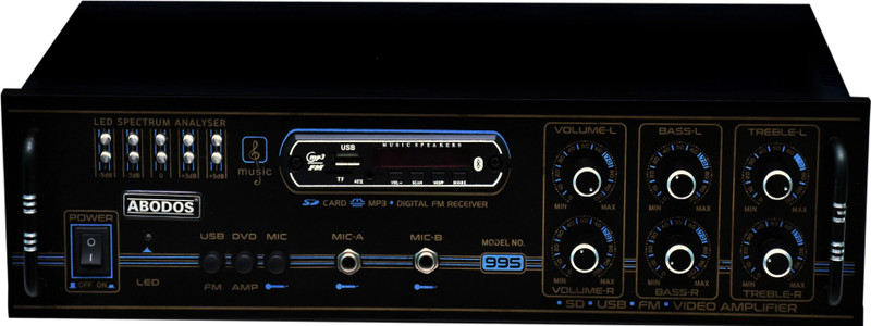 ABODOS M.NO.-995 High Quality 8Transistor 4Channel Stereo Power Amplifier with Big LED Display And LED Spectrum Analyser /Bluetooth/Recording /MIC Input/USB/SD Card Slot/FM Radio/AUX Input/Remote Control & Built-in Equalizer with Bass, Treble & Balance Control 500 W AV Power Amplifier (Black) 500 W