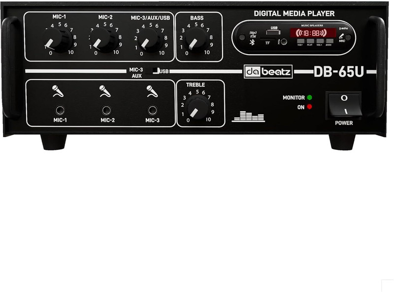 Da.Beatz. 65W PA Mixer Amplifier Bluetooth USB 3 Mic DJ Karaoke Speaker Output 65 W AV Power Amplifier(Black)