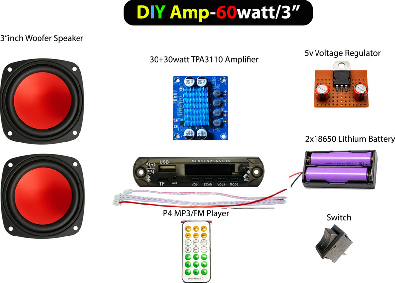ots world DIY Bluetooth Complete Stereo MP3 Panel Inbuilt Dual Amplifier, Woofer Speaker 60 W AV Power Amplifier(Multicolor)